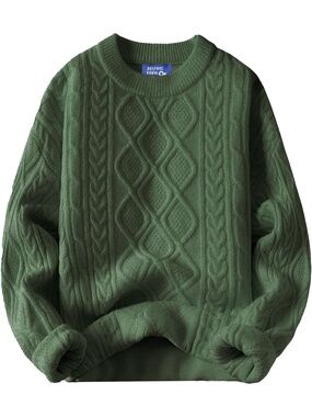 Women Light Green Crewneck Pullover Long Sleeve Vintage Cable Oversized Sweater